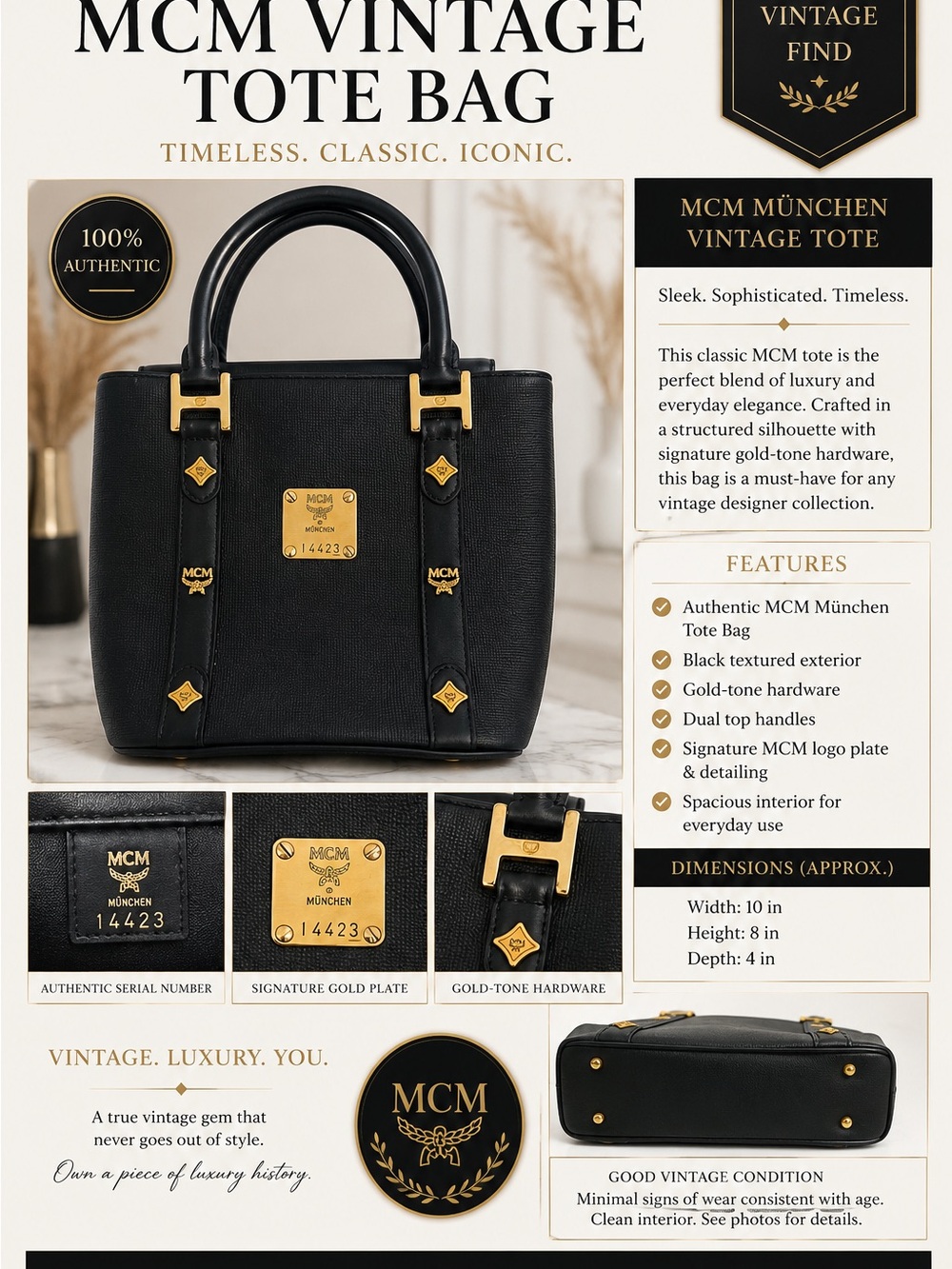 MCM Black Leather Tote with Gold Hardware